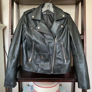 Zara Womens Motorcycle Biker Faux Leather Jacket Black Size S